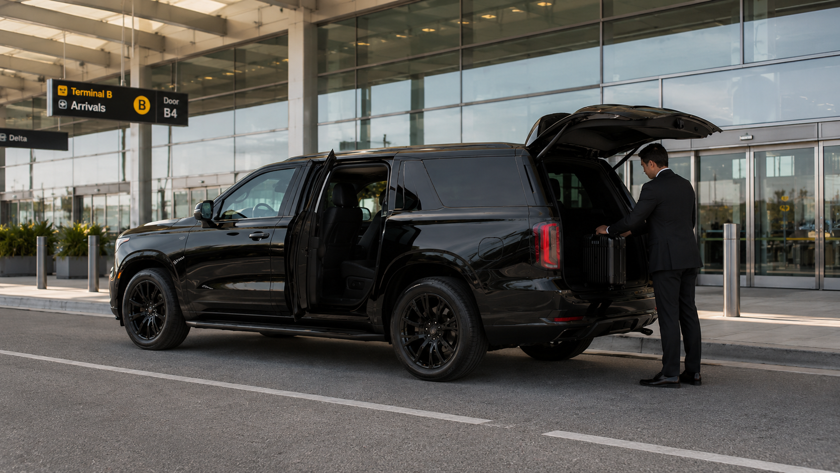A C Ya Again Executive Transportation black luxury SUV with a professional driver on the arrivals level at Los Angeles International Airport (LAX).