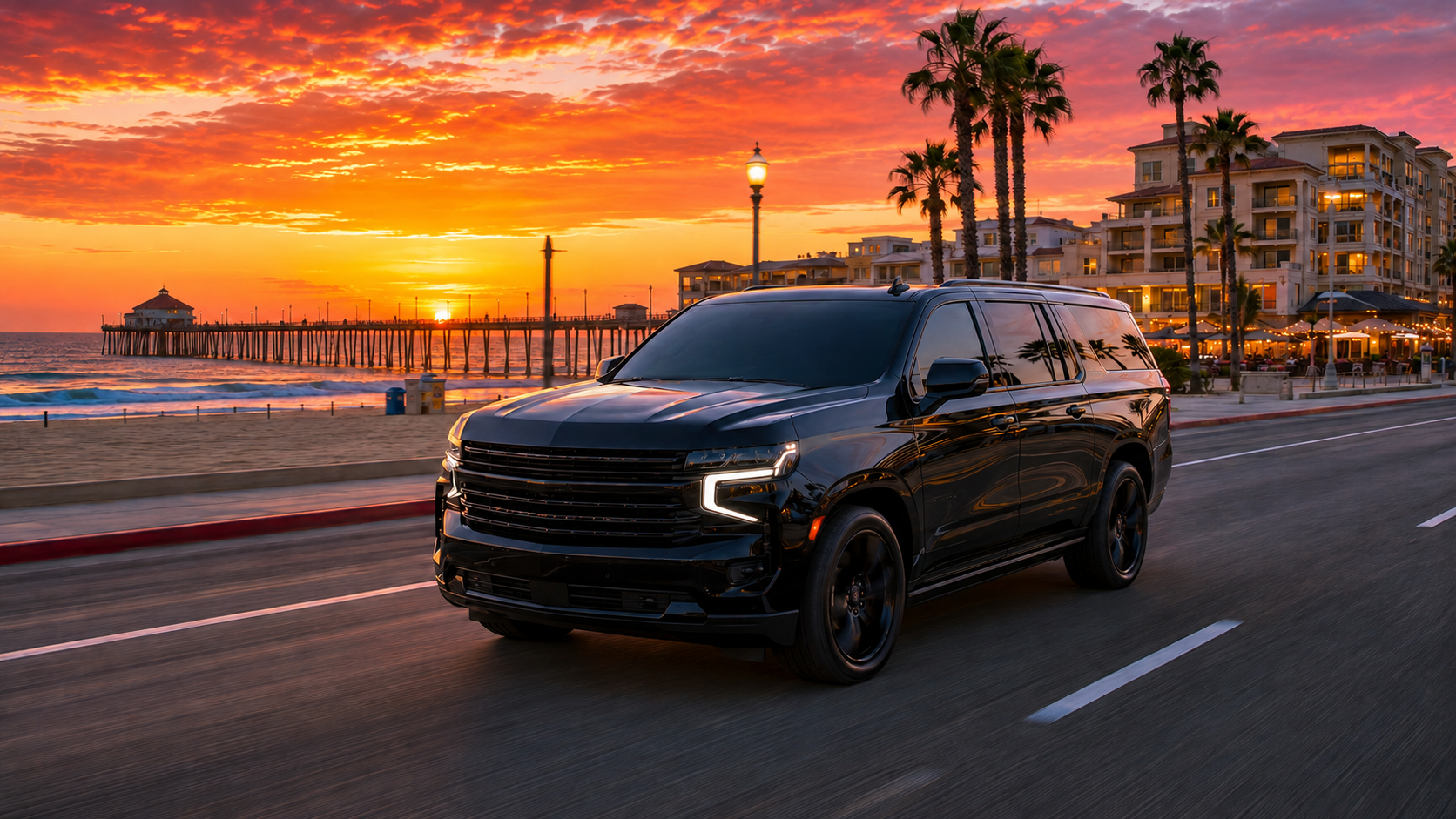 A C Ya Again Executive Transportation black luxury SUV with a professional driver, private car service from LAX to Huntington Beach along Pacific Coast Highway.