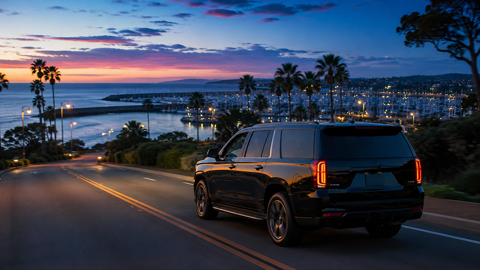 A C Ya Again Executive Transportation black luxury SUV with a professional driver, private car service from LAX to Newport Beach, the harbor and Fashion Island.