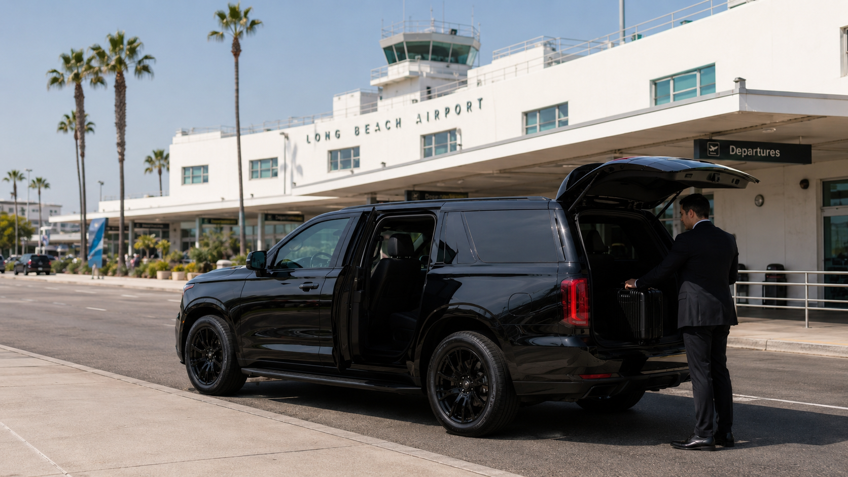 A C Ya Again Executive Transportation black luxury SUV with a professional driver outside Long Beach Airport (LGB).
