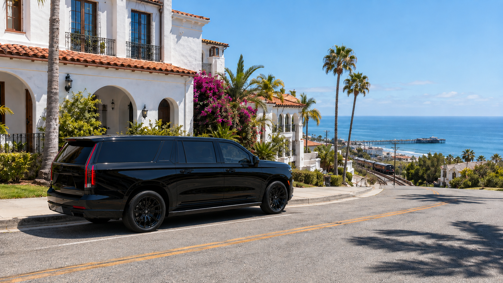 A C Ya Again Executive Transportation black luxury SUV with a professional driver on the San Clemente coast.