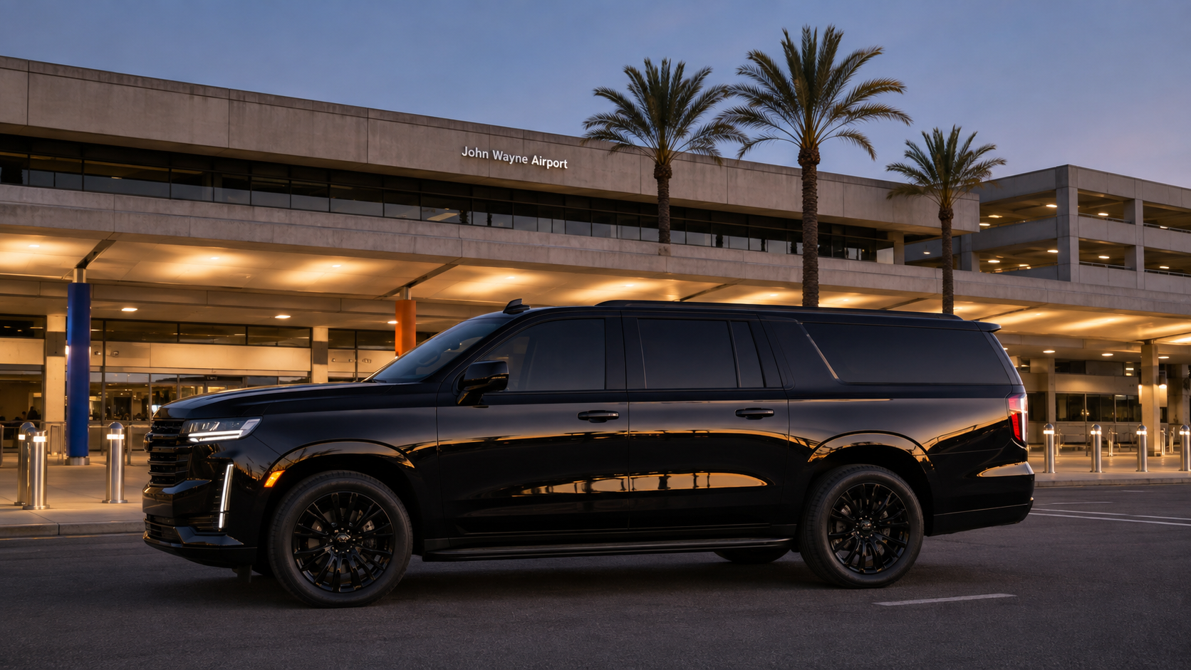 A C Ya Again Executive Transportation black luxury SUV with a professional driver at John Wayne Airport (SNA), private Orange County car service.